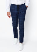 Rodeo Drive Blue Windowpane Pants worn with a white shirt, front view on a model