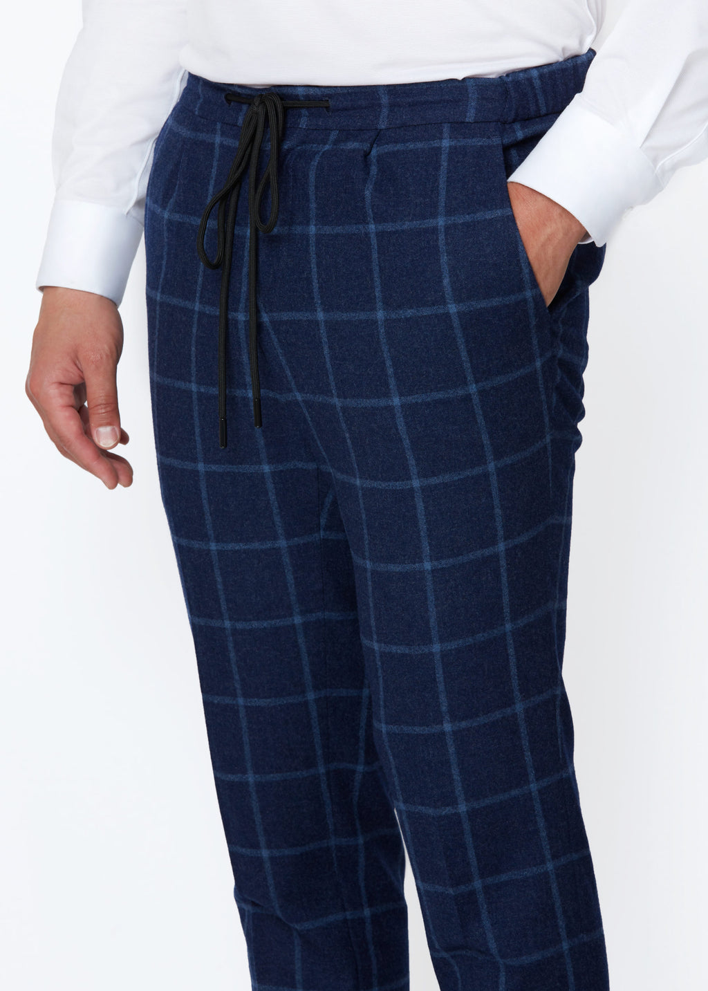 Rodeo Drive Blue Windowpane Pants, close-up of the drawstring waistband