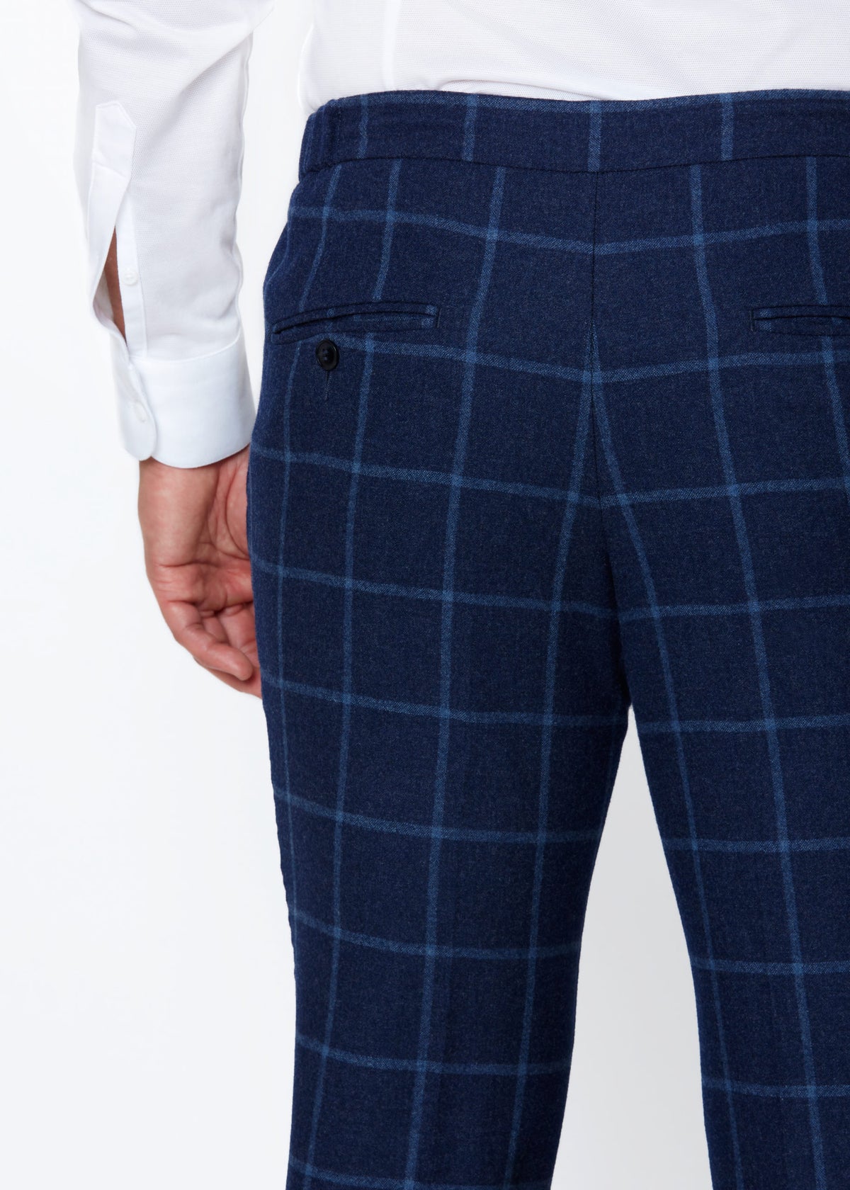 Rodeo Drive Blue Windowpane Pants, close-up back view of the welt pocket