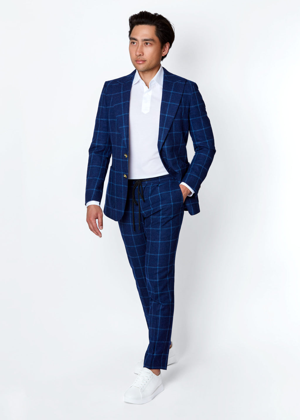 Rodeo Drive Blue Windowpane Pants styled with the matching blazer on a model