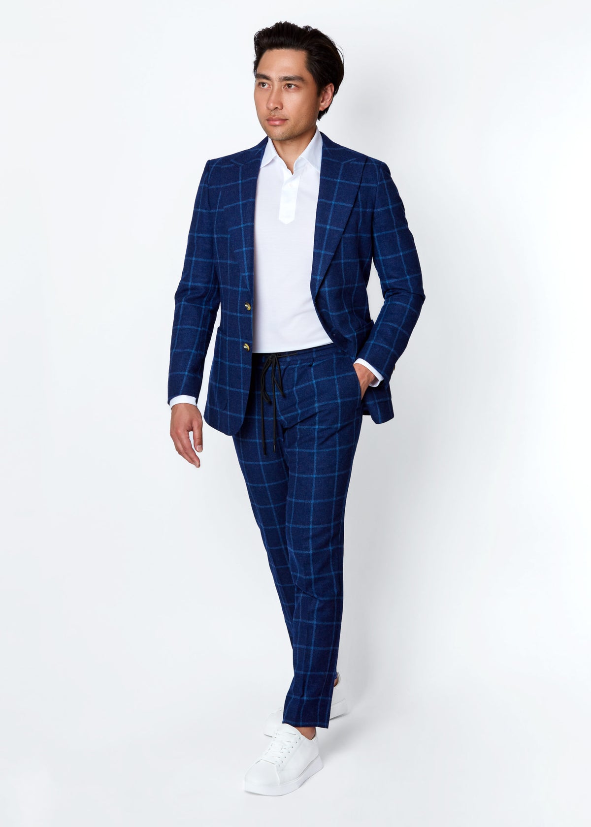 Rodeo Drive Blue Windowpane Pants styled with the matching blazer on a model