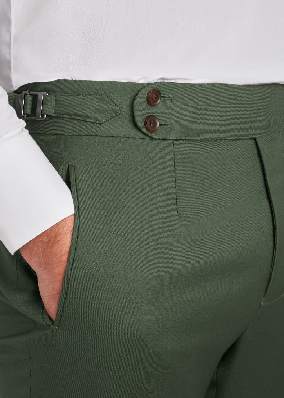 Darling Point Green Suit trousers, close-up back view of the waistband