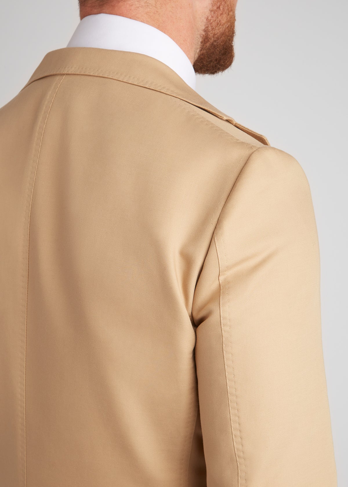 Berkeley Beige Suit, angled back view showing the shoulder seam
