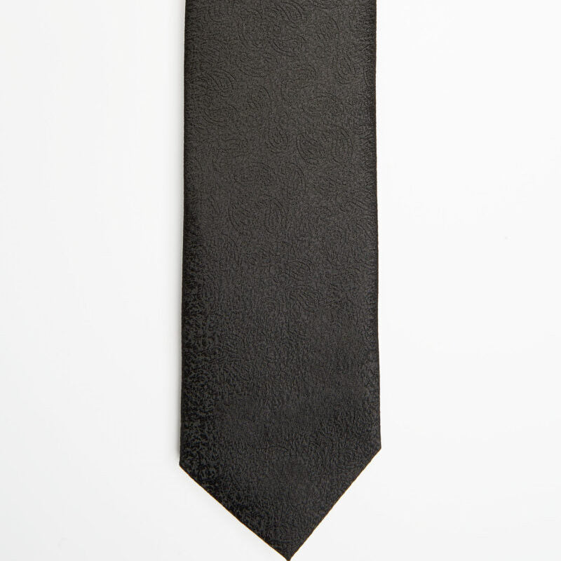Dubai Tie Black Paisley Pattern in a flat lay, full length front view