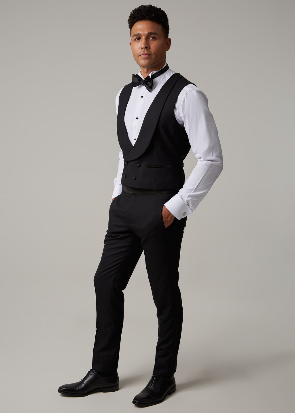 The Great Black Tuxedo waistcoat and trousers, full length side angle view