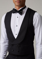 Close-up of The Great Black Tuxedo waistcoat shawl lapel and bow tie