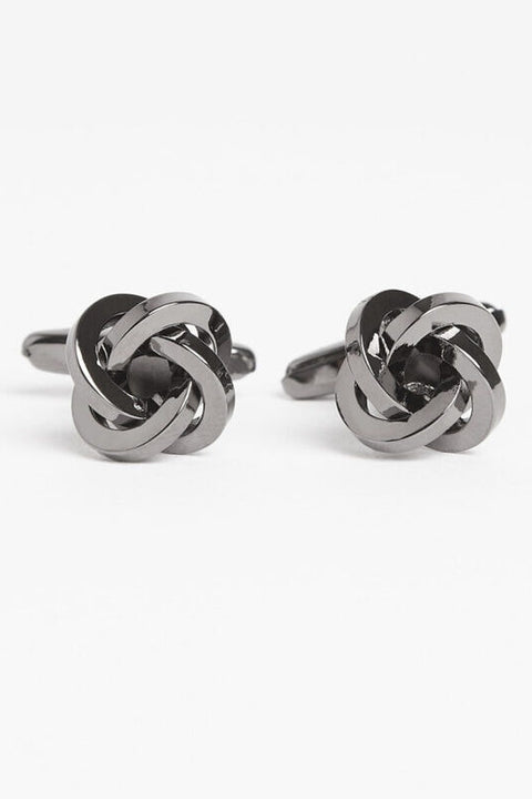 Gunmetal Twist Cufflinks, front-on view of the matching knot-design pair