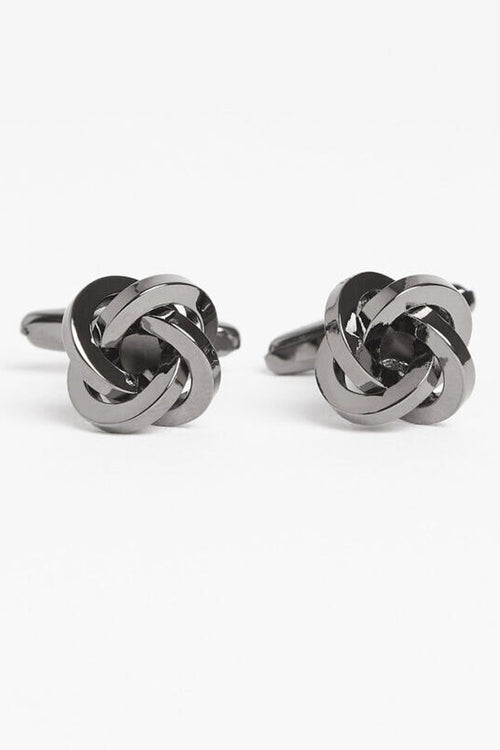 Gunmetal Twist Cufflinks, front-on view of the matching knot-design pair