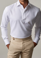 PureEase White Popover Shirt, cropped torso view showing the trouser waistband tab