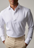 PureEase White Popover Shirt, close-up chest view on a model with beige trousers