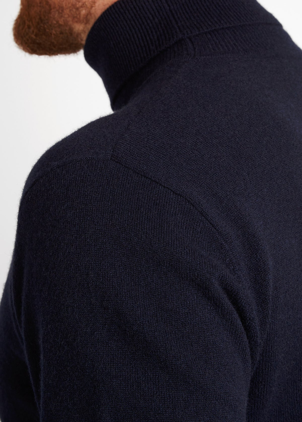 Irish Coffee Turtleneck Navy, wider back-view crop showing knit texture across the shoulder