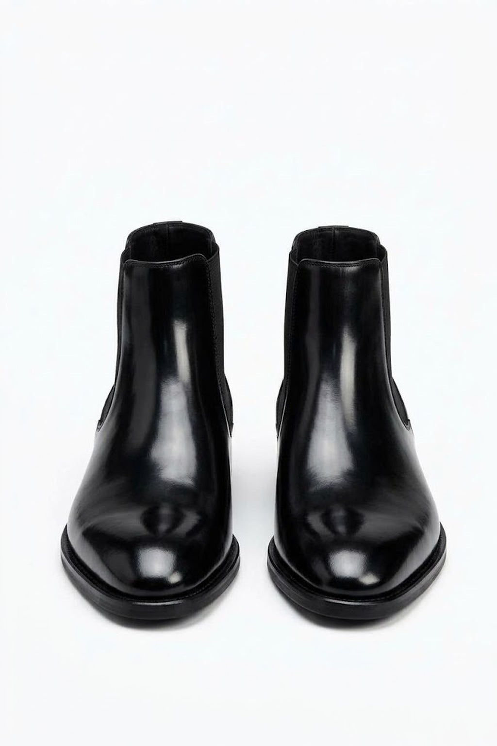The Lorenzo Black Leather Chelsea Boots, front view of the pair on a white background