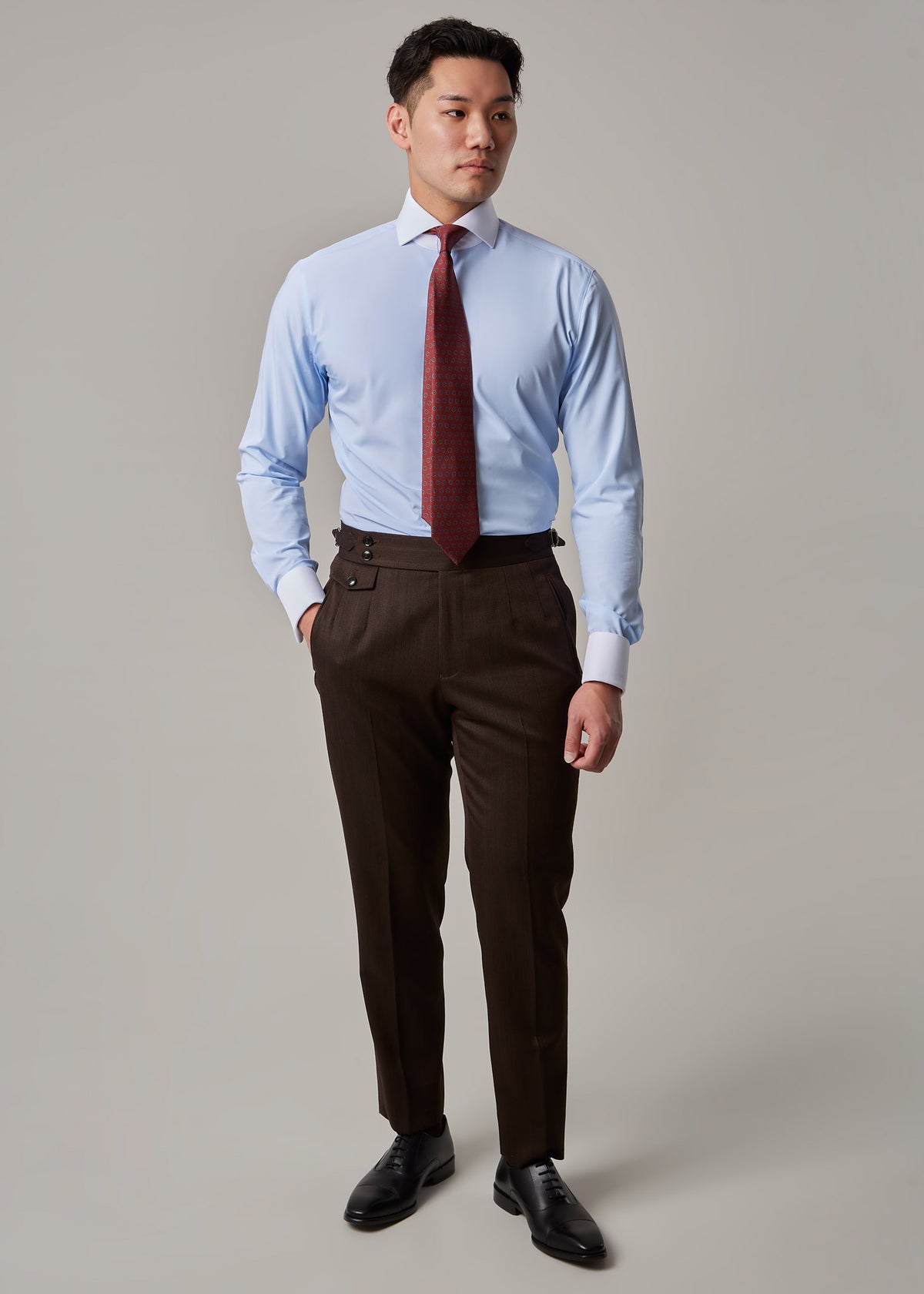 Sterling Banker's Shirt, full front view on a model with trousers and tie
