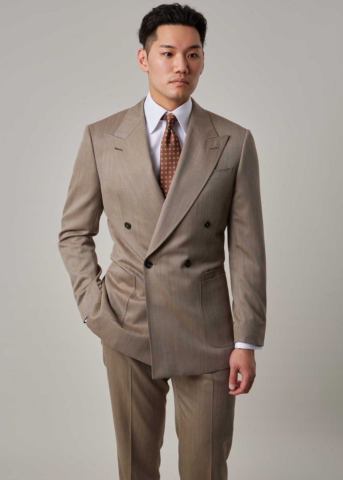 Parkside Light Brown Suit, closer front crop on a model with jacket buttoned