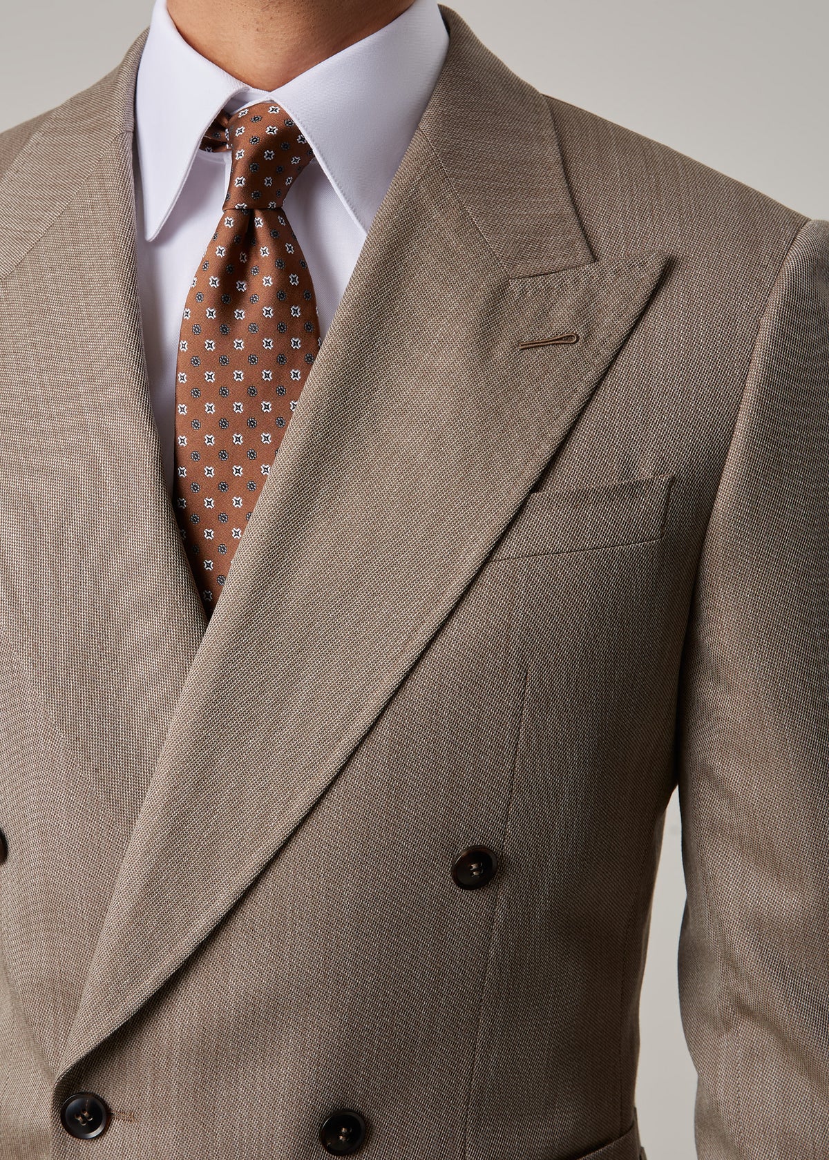 Parkside Light Brown Suit, angled close-up of lapel and chest pocket