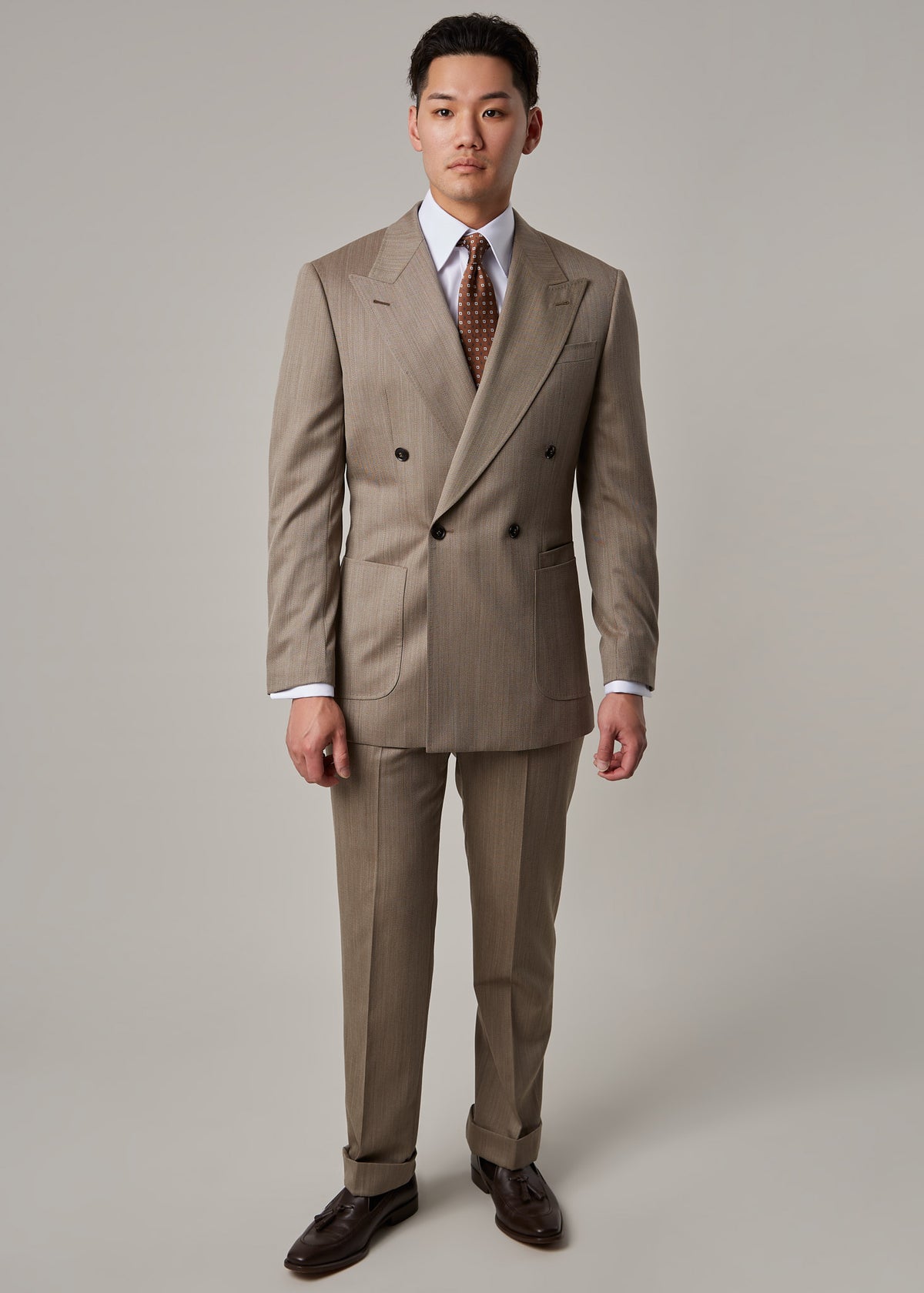 Parkside Light Brown Suit on a model, full front view with hands at sides