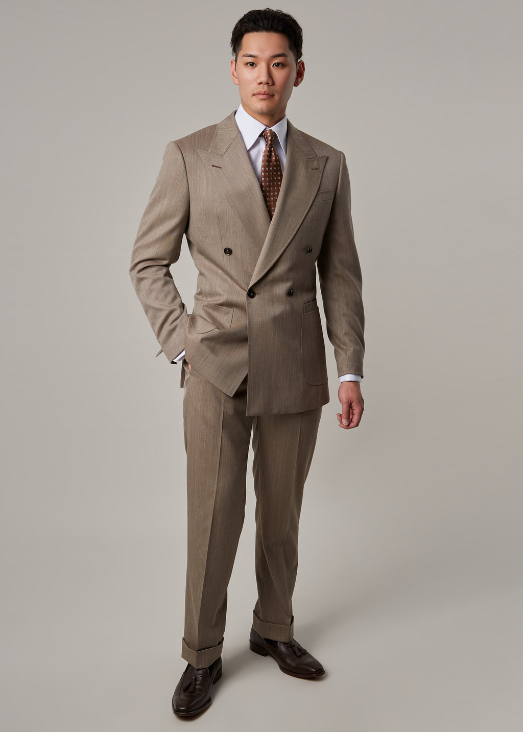 Parkside Light Brown Suit on a model, full front view with jacket buttoned