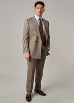 Parkside Light Brown Suit on a model, full front view with jacket open and angled stance