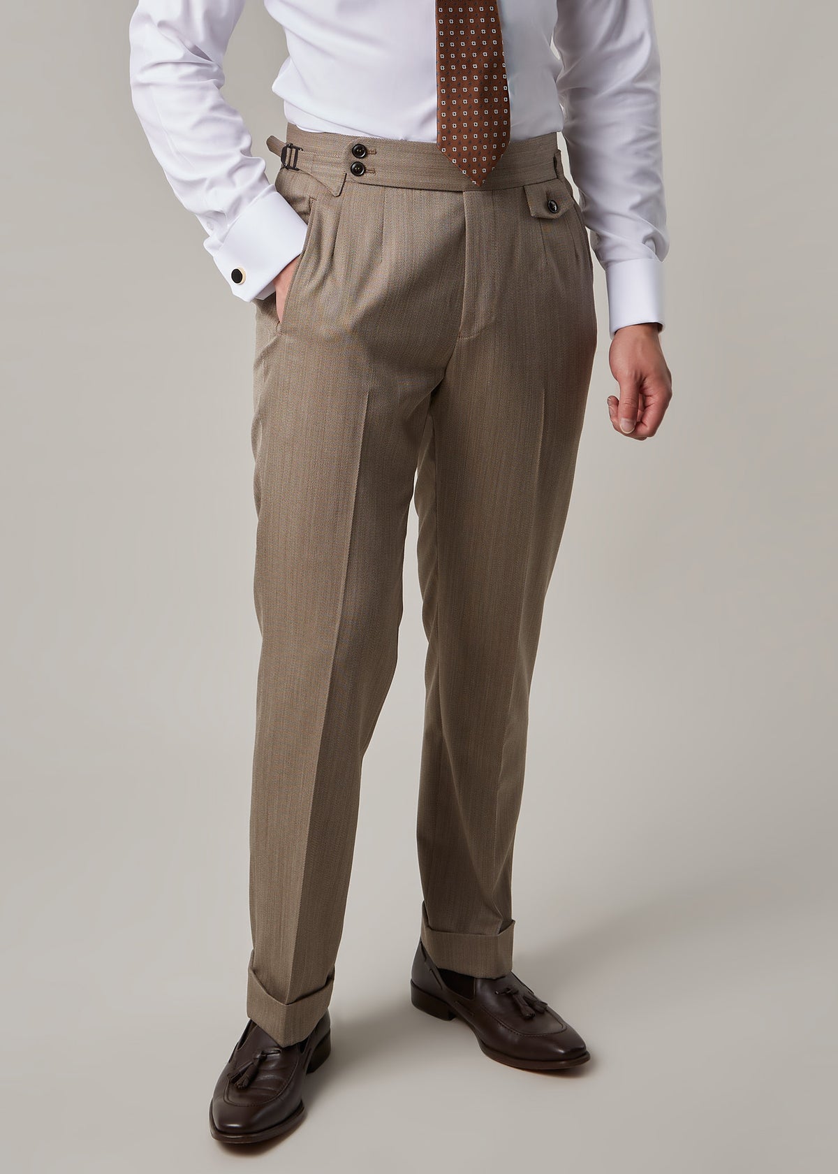 Parkside Light Brown Suit trousers worn with shirt and tie, jacket removed