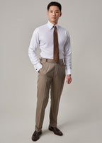 Parkside Light Brown Suit, full front view on a model wearing just shirt and tie
