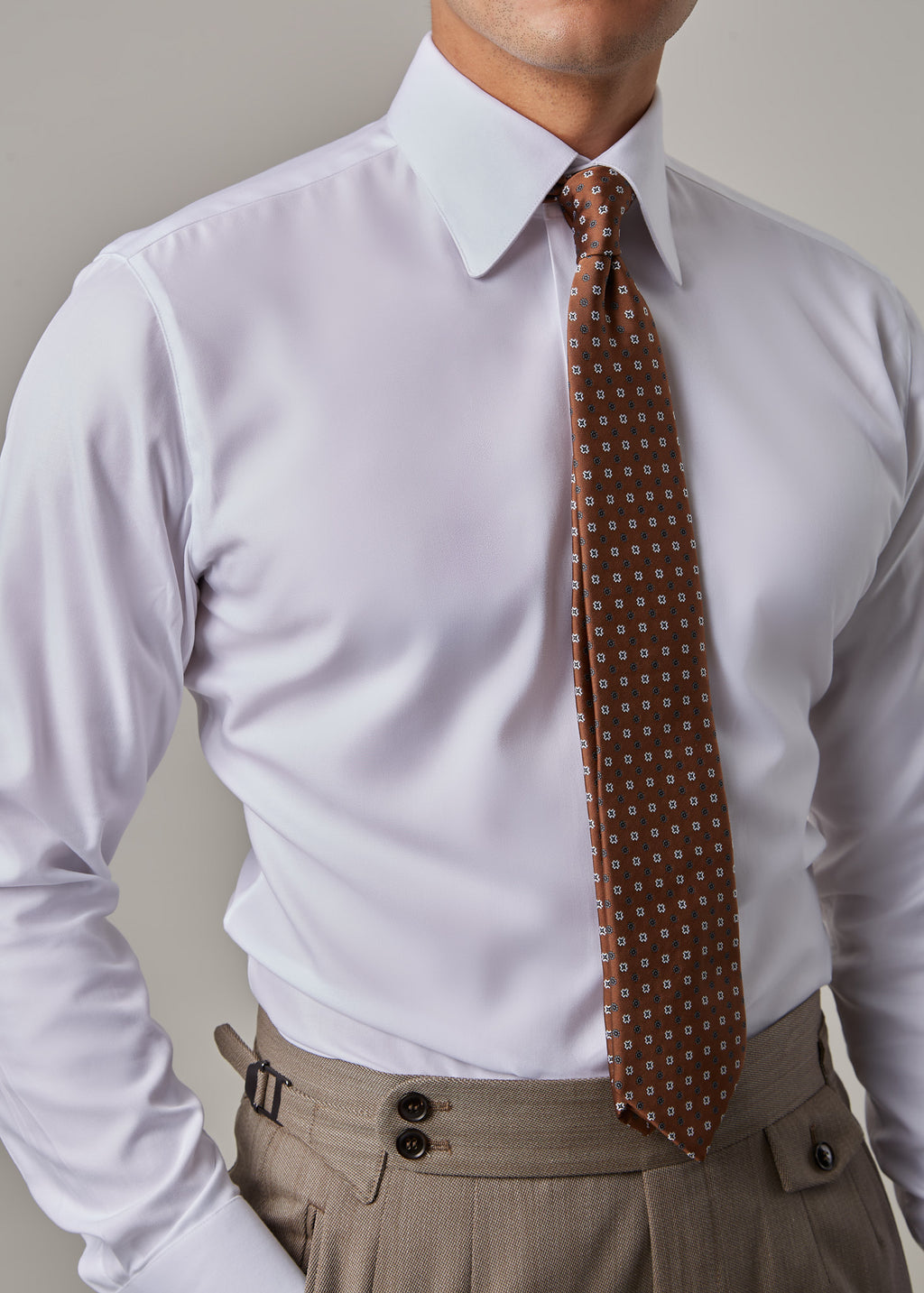 Parkside Light Brown Suit, close-up of collar and tie against the waistband