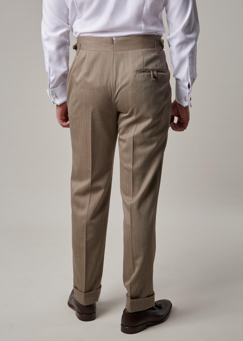 Parkside Light Brown Suit trousers, back view close-up with shoes visible
