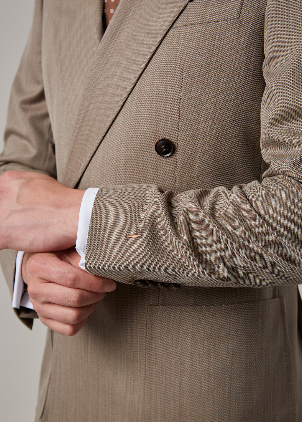 Parkside Light Brown Suit, close-up of sleeve cuff and cufflink detail