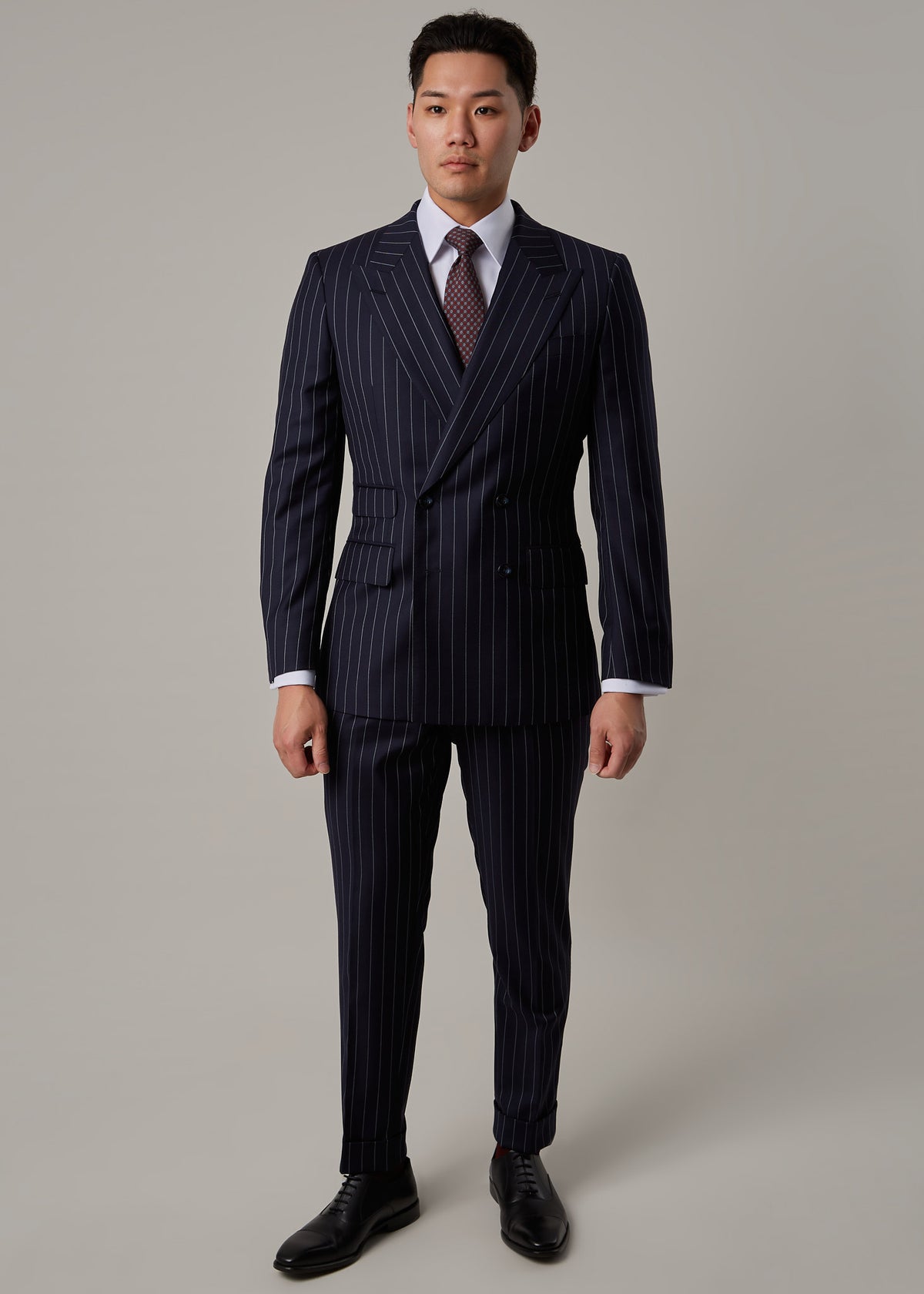 Greenwich Pinstripe Suit, full length front view standing straight with arms at sides