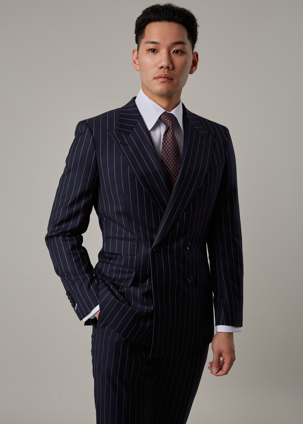 Greenwich Pinstripe Suit, chest-up front view with direct gaze