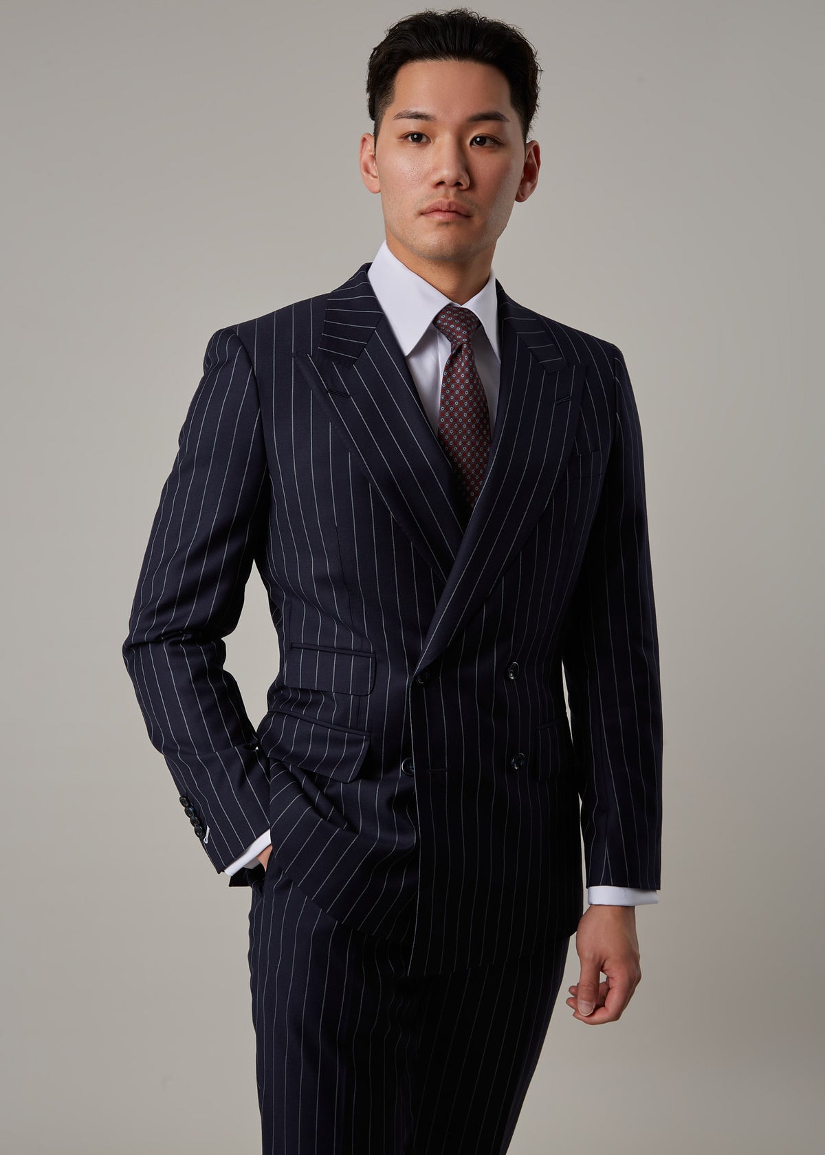 Greenwich Pinstripe Suit, chest-up front view with direct gaze