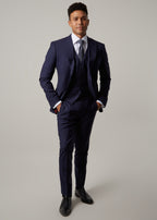 Rialto Royale Navy Suit three-piece worn with a patterned tie, full-length front view