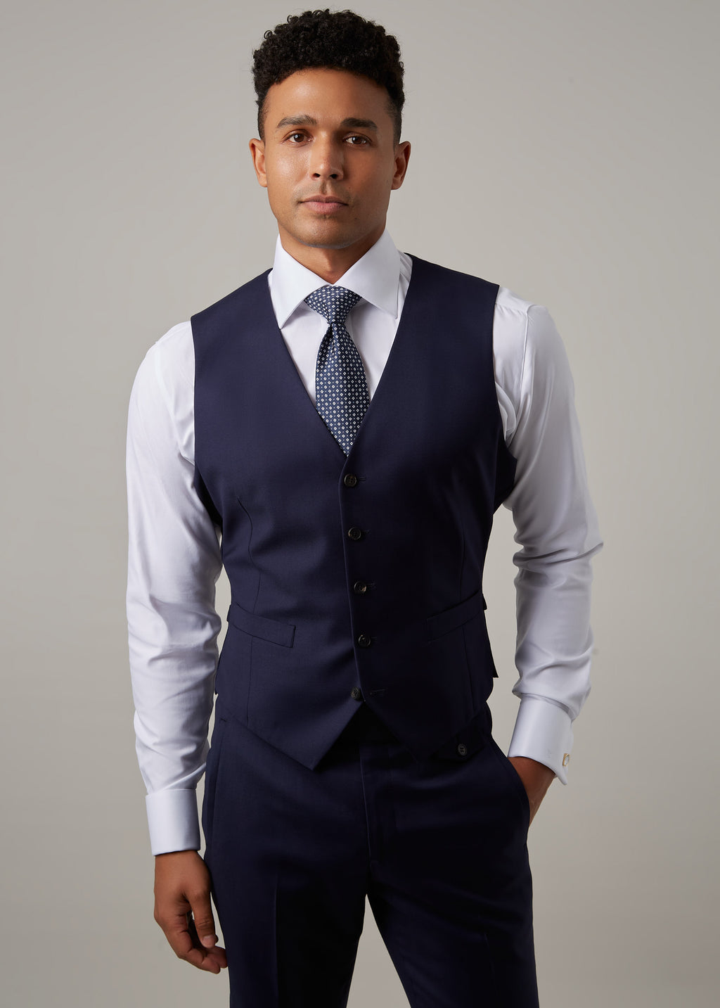 Close-up of the Rialto Royale Navy Suit waistcoat worn without the jacket
