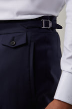 Close-up of the Rialto Royale Navy Suit side-buckle waist adjuster and pocket flap