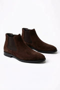 The Omari Brown Suede Chelsea Boots, pair shown at an angle on a white background