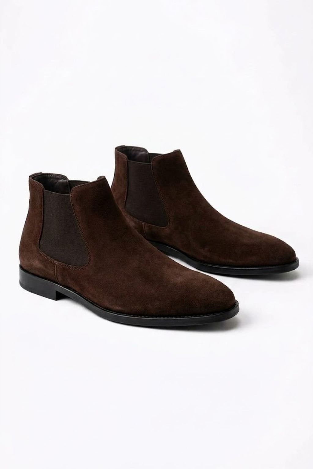 The Omari Brown Suede Chelsea Boots, pair shown at an angle on a white background