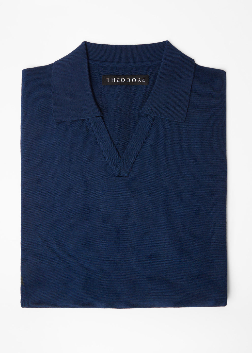 3J Whisky Shot Polo in blue, folded flat lay showing the open collar and label