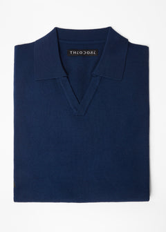 3J Whisky Shot Polo in blue, folded flat lay showing the open collar and label
