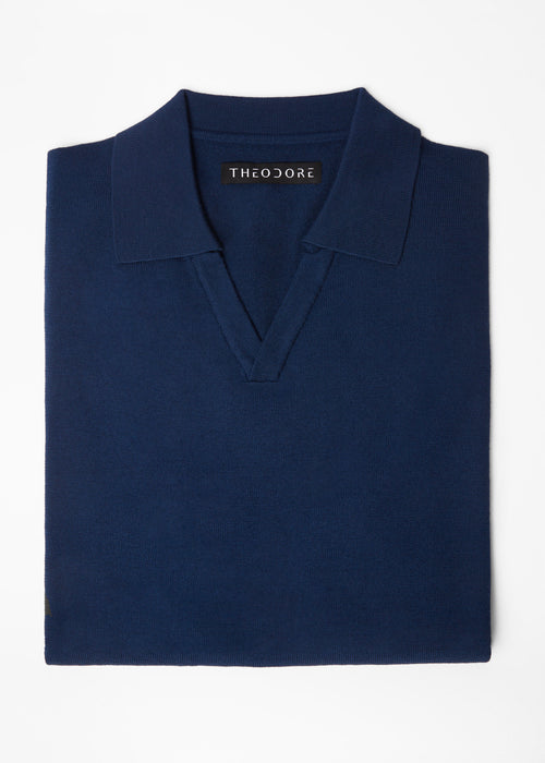 3J Whisky Shot Polo in blue, folded flat lay showing the open collar and label
