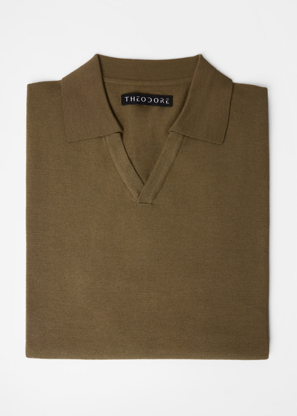 3J Whisky Shot Polo Olive folded flat showing the open collar