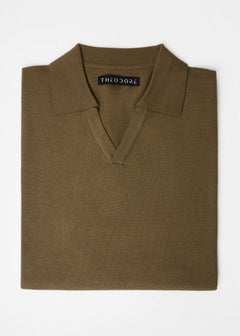 3J Whisky Shot Polo Olive folded flat showing the open collar