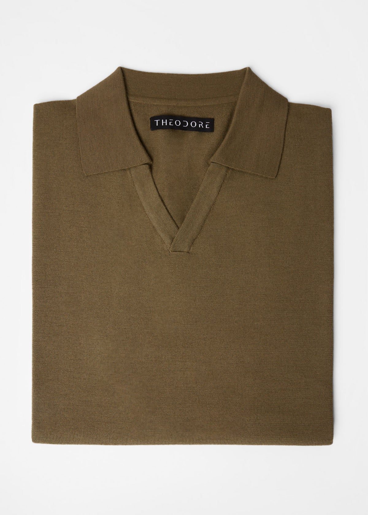 3J Whisky Shot Polo Olive folded flat showing the open collar