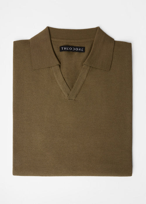 3J Whisky Shot Polo Olive folded flat showing the open collar