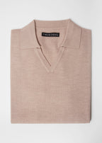 3J Whisky Shot Polo in oat, folded flat lay showing the open collar and label