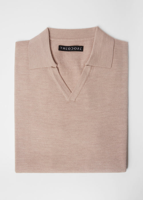 3J Whisky Shot Polo in oat, folded flat lay showing the open collar and label
