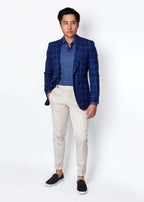 Denim Popover Shirt layered under an open navy windowpane blazer, full length