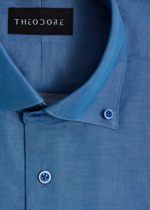 Denim Casual Shirt, close-up of the button-down collar and THEODORE label