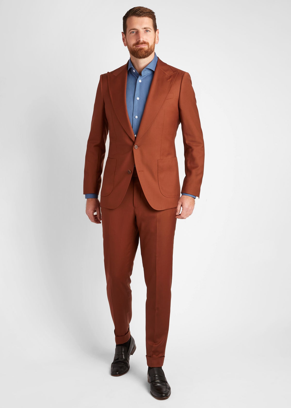 Denim Casual Shirt worn under an open rust suit jacket, close-up front view