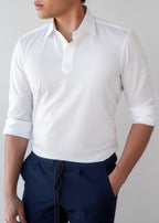 White Popover Shirt worn alone tucked into navy trousers, half-length front view