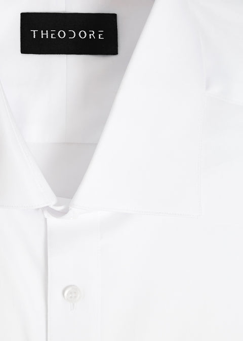 Our Perfect White Shirt collar close-up with the Theodore label, folded flat