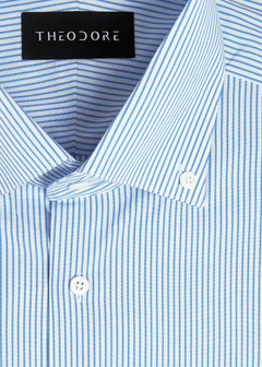 Twill Stripe Light Blue Shirt collar and placket close-up with Theodore label